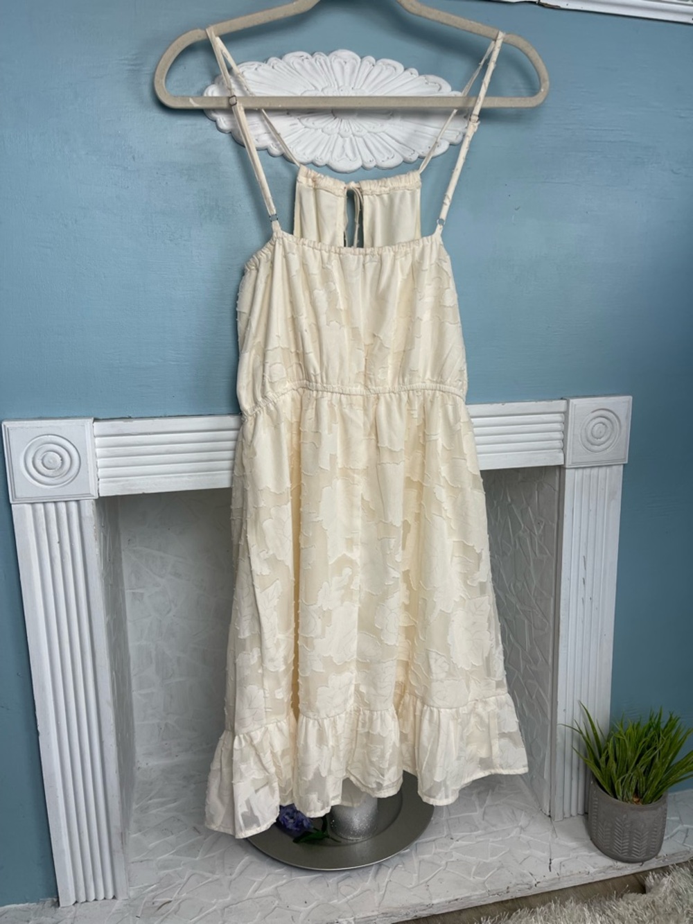 Gigio Women’s' Cream Floral Sheer Overlay Summer Mini Dress with Ruffle Hem